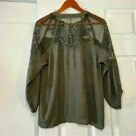 And The Why Army Green Blouse Sheer Floral Design - Picture 2 of 6